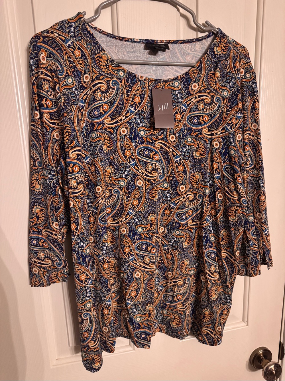 J. Jill Navy and Tan Paisley Scoop Neck Long Sleeve Top